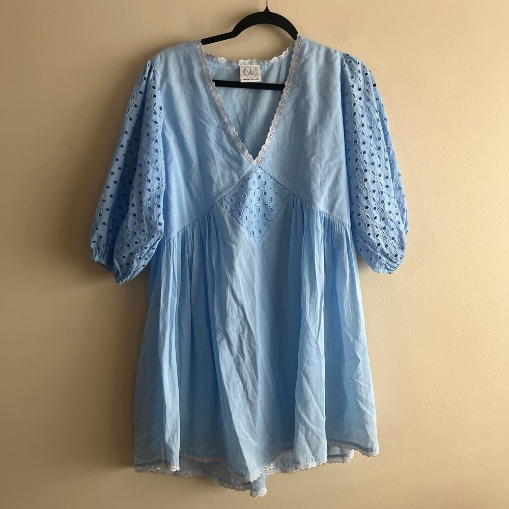Laneway the Label Blue Eyelet Babydoll Mini Dress Puff Sleeve Size S/M Coquette